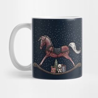 Christmas Rocking Horse illustration with cute bear, gifts and Christmas tree on a snow background. Mug